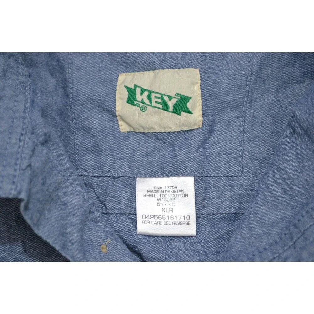Vintage KEY Blue Denim Pearl‎ Snap Button Front Western Shirt Size XL Regular